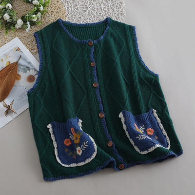 Φθινοπωρινό, Χειμερινό Ιαπωνικό στιλ Mori Κορίτσι, κεντημένη ζακέτα με ρετρό αμάνικο γυναικείο γιλέκο πουλόβερ