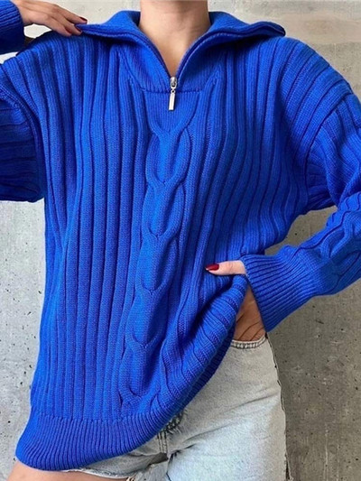 Ženski jednobojni heklani pleteni pulover za slobodno vrijeme, s patentnim zatvaračem i ovratnikom, deblji džemper, jesen, zima, topli uredski ženski džemperi