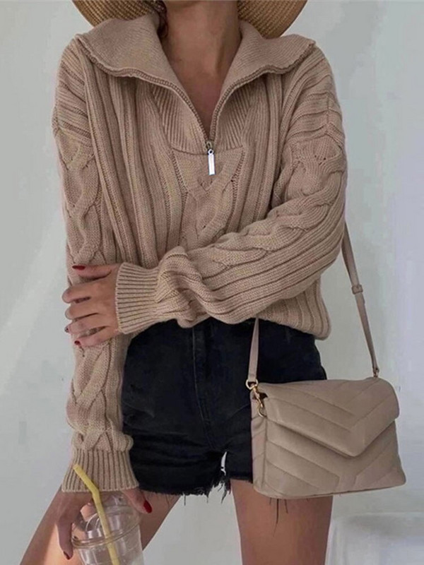 Ženski jednobojni heklani pleteni pulover za slobodno vrijeme, s patentnim zatvaračem i ovratnikom, deblji džemper, jesen, zima, topli uredski ženski džemperi