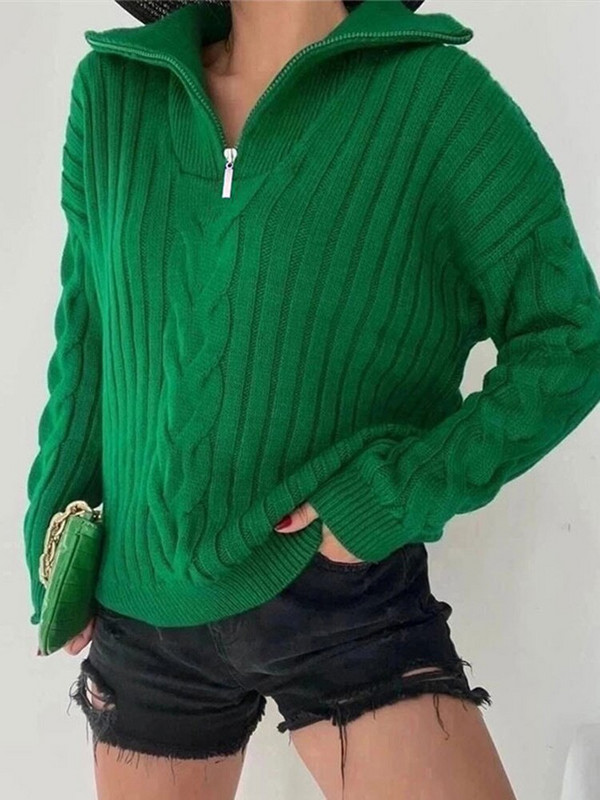 Ženski jednobojni heklani pleteni pulover za slobodno vrijeme, s patentnim zatvaračem i ovratnikom, deblji džemper, jesen, zima, topli uredski ženski džemperi