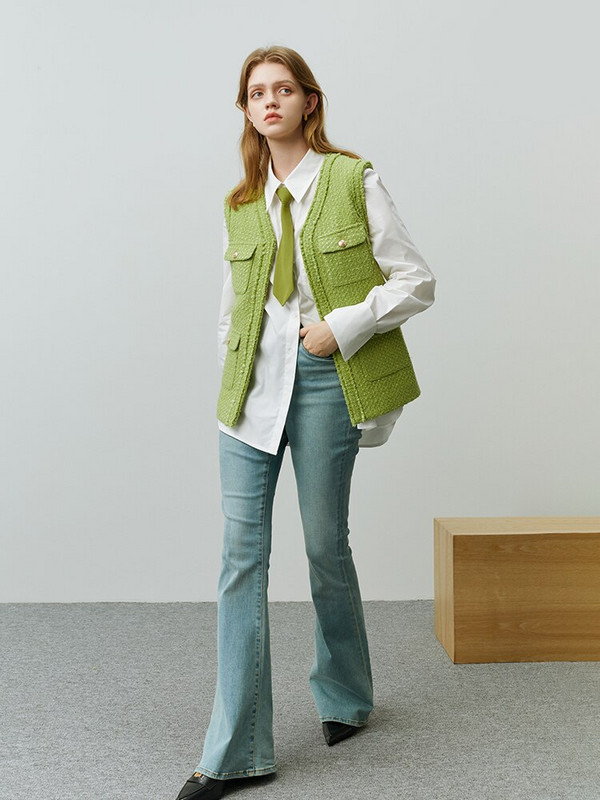 FSLE smagās rūpniecības franču mazo veste sieviešu aromāts ar V veida kakla izgriezumu bez piedurknēm modes slāņveida vienkrāsains īpašs sieviešu vestes mētelis