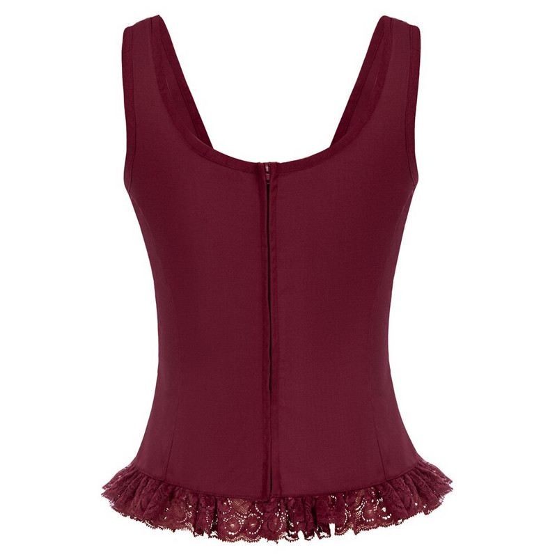 SD sieviešu renesanses mežģīņu apakšmalas veste bez piedurknēm, kvadrātveida kakla, aizmugures veste ar rāvējslēdzēju