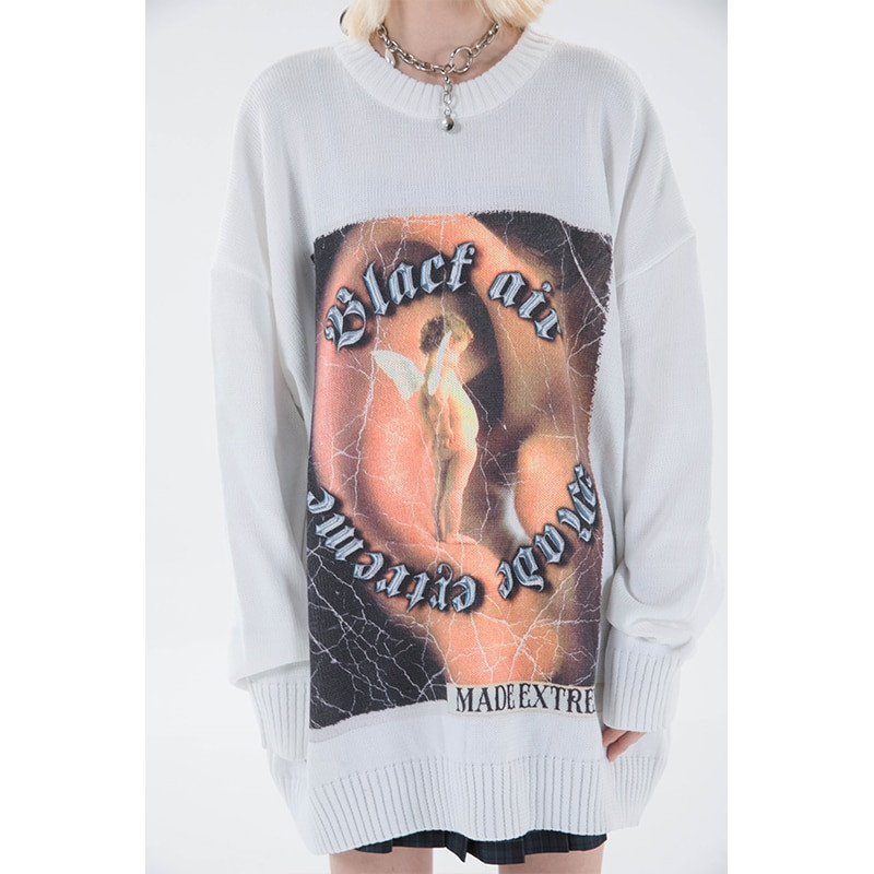 Sieviešu melns High Street Adīšana Džemperis Eņģelis Apdruka ar Apkakli Garām Piedurknēm Ikdienišķs Vintage Street Baggy Tops Sieviešu rudens