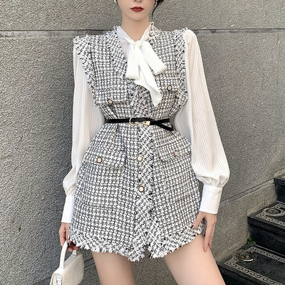 Vintage elegáns tweed mellény női luxus mellény kötött mellény övvel, ujjatlan túlméretezett kabát veste femme