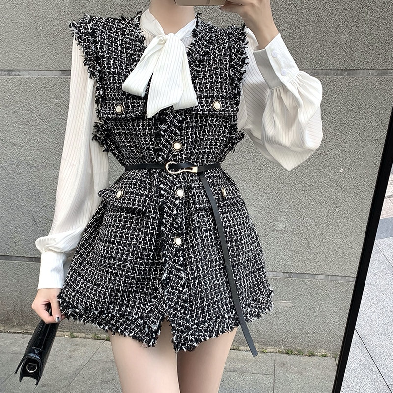 Vintage Κομψό Tweed Γιλέκο Γυναικείο Πολυτελές Γιλέκο Πλεκτό Γιλέκο με Ζώνη Αμάνικο Oversized Jacket veste femme