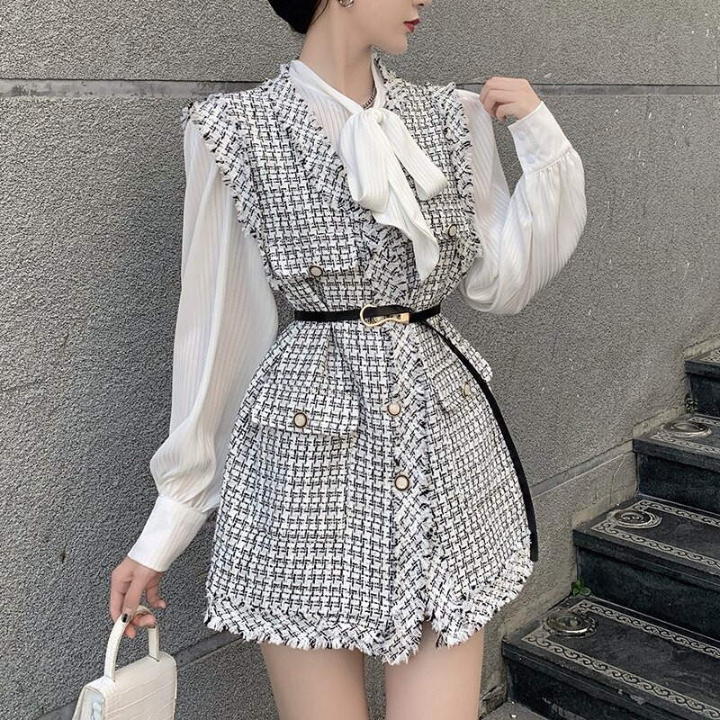 Vintage Κομψό Tweed Γιλέκο Γυναικείο Πολυτελές Γιλέκο Πλεκτό Γιλέκο με Ζώνη Αμάνικο Oversized Jacket veste femme