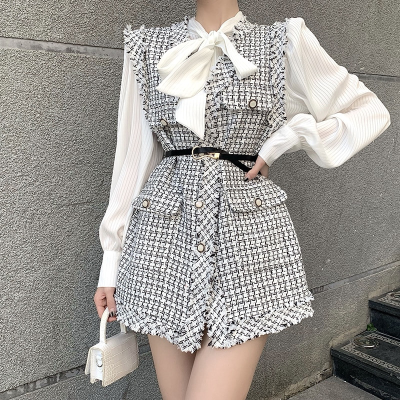 Vintage Κομψό Tweed Γιλέκο Γυναικείο Πολυτελές Γιλέκο Πλεκτό Γιλέκο με Ζώνη Αμάνικο Oversized Jacket veste femme