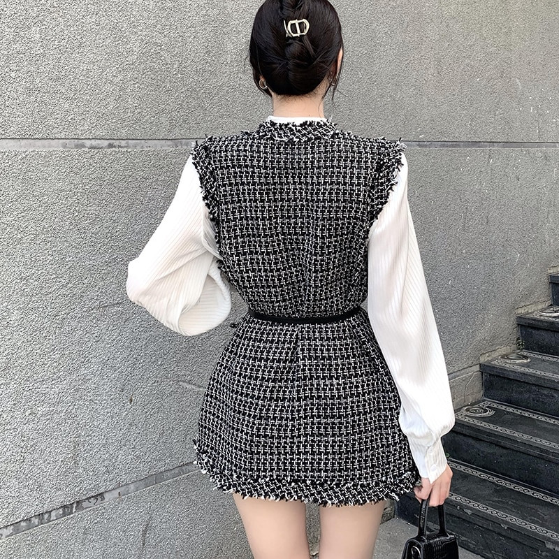 Vintage Κομψό Tweed Γιλέκο Γυναικείο Πολυτελές Γιλέκο Πλεκτό Γιλέκο με Ζώνη Αμάνικο Oversized Jacket veste femme