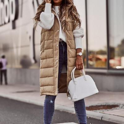 Sieviešu silts, garš veste mētelis ar kabatu rudens ziemas bez piedurknēm ar kapuci kokvilnas dūnu mētelis Modes, rāvējslēdzēja poga uz leju virsdrēbes