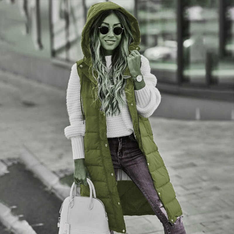 Sieviešu silts, garš veste mētelis ar kabatu rudens ziemas bez piedurknēm ar kapuci kokvilnas dūnu mētelis Modes, rāvējslēdzēja poga uz leju virsdrēbes