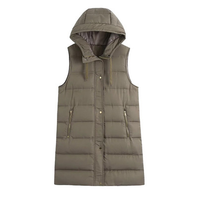 TRAF Ženska zimska jakna Modni topli debeli dugi kaput s kapuljačom Ženska starinska gornja odjeća bez rukava Gornji prsluk s džepom na patent