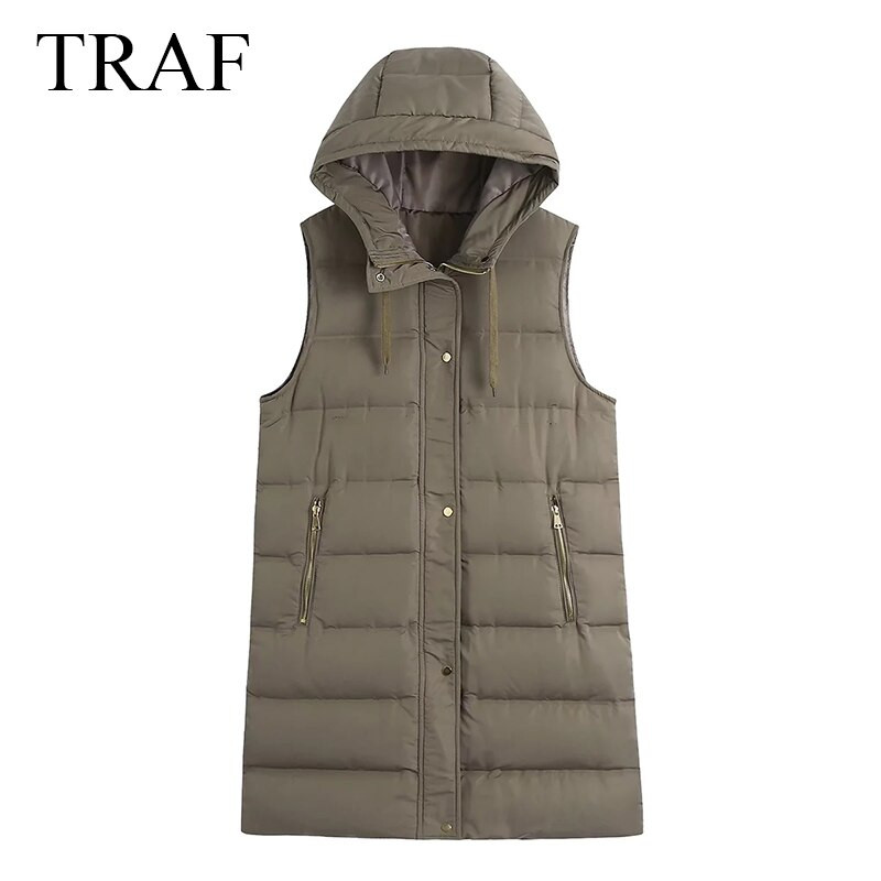 TRAF Ženska zimska jakna Modni topli debeli dugi kaput s kapuljačom Ženska starinska gornja odjeća bez rukava Gornji prsluk s džepom na patent