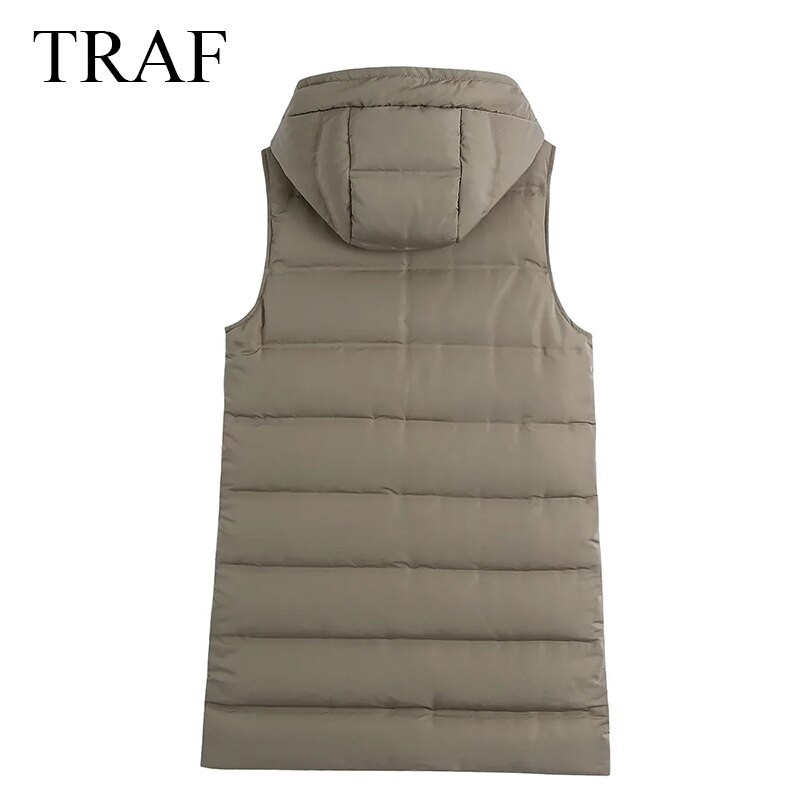 TRAF Ženska zimska jakna Modni topli debeli dugi kaput s kapuljačom Ženska starinska gornja odjeća bez rukava Gornji prsluk s džepom na patent