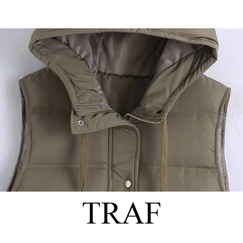 TRAF Ženska zimska jakna Modni topli debeli dugi kaput s kapuljačom Ženska starinska gornja odjeća bez rukava Gornji prsluk s džepom na patent