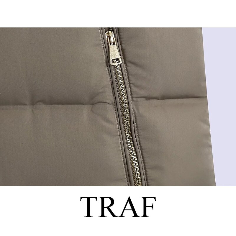 TRAF Ženska zimska jakna Modni topli debeli dugi kaput s kapuljačom Ženska starinska gornja odjeća bez rukava Gornji prsluk s džepom na patent