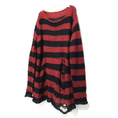 Πανκ σκισμένο πουλόβερ Γυναικείο πουλόβερ μεσαίου μήκους ριγέ χαλαρό πλεκτό ζευγάρι γοτθικό σκούρο κοφτερό μακρυμάνικο πουλόβερ