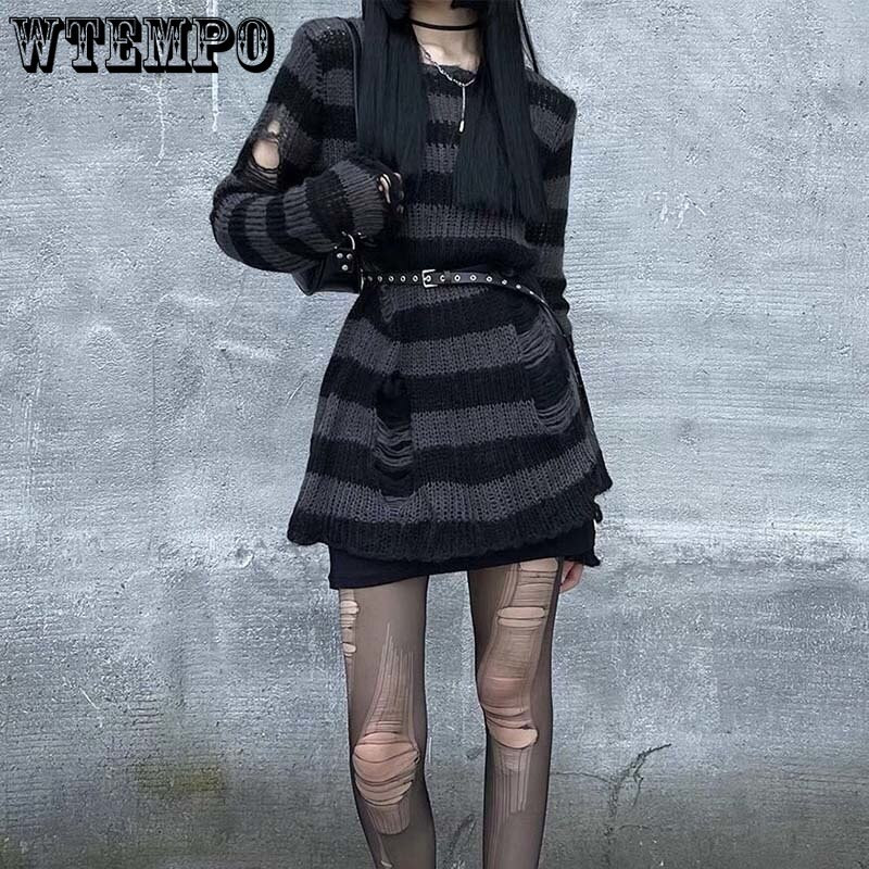 Πανκ σκισμένο πουλόβερ Γυναικείο πουλόβερ μεσαίου μήκους ριγέ χαλαρό πλεκτό ζευγάρι γοτθικό σκούρο κοφτερό μακρυμάνικο πουλόβερ