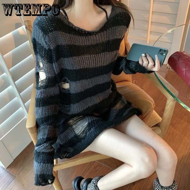 Πανκ σκισμένο πουλόβερ Γυναικείο πουλόβερ μεσαίου μήκους ριγέ χαλαρό πλεκτό ζευγάρι γοτθικό σκούρο κοφτερό μακρυμάνικο πουλόβερ