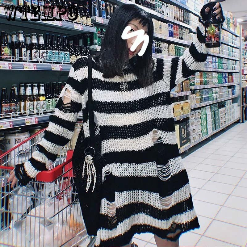 Πανκ σκισμένο πουλόβερ Γυναικείο πουλόβερ μεσαίου μήκους ριγέ χαλαρό πλεκτό ζευγάρι γοτθικό σκούρο κοφτερό μακρυμάνικο πουλόβερ