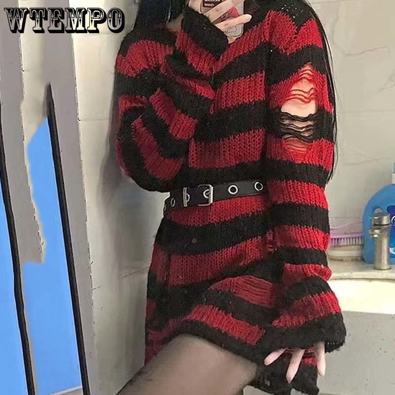 Πανκ σκισμένο πουλόβερ Γυναικείο πουλόβερ μεσαίου μήκους ριγέ χαλαρό πλεκτό ζευγάρι γοτθικό σκούρο κοφτερό μακρυμάνικο πουλόβερ