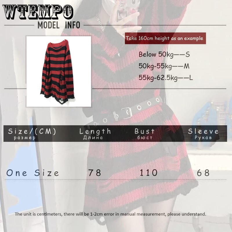 Πανκ σκισμένο πουλόβερ Γυναικείο πουλόβερ μεσαίου μήκους ριγέ χαλαρό πλεκτό ζευγάρι γοτθικό σκούρο κοφτερό μακρυμάνικο πουλόβερ