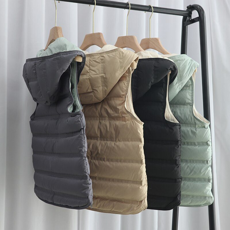 2022 Νέο Φθινοπωρινό Χειμώνα Γυναικείο ανοιχτό λευκό παλτό με πούπουλα πάπιας Γυναικείο κοντό γιλέκο με κουκούλα Αμάνικο μπουφάν πανωφόρι Γυναικείο γιλέκο