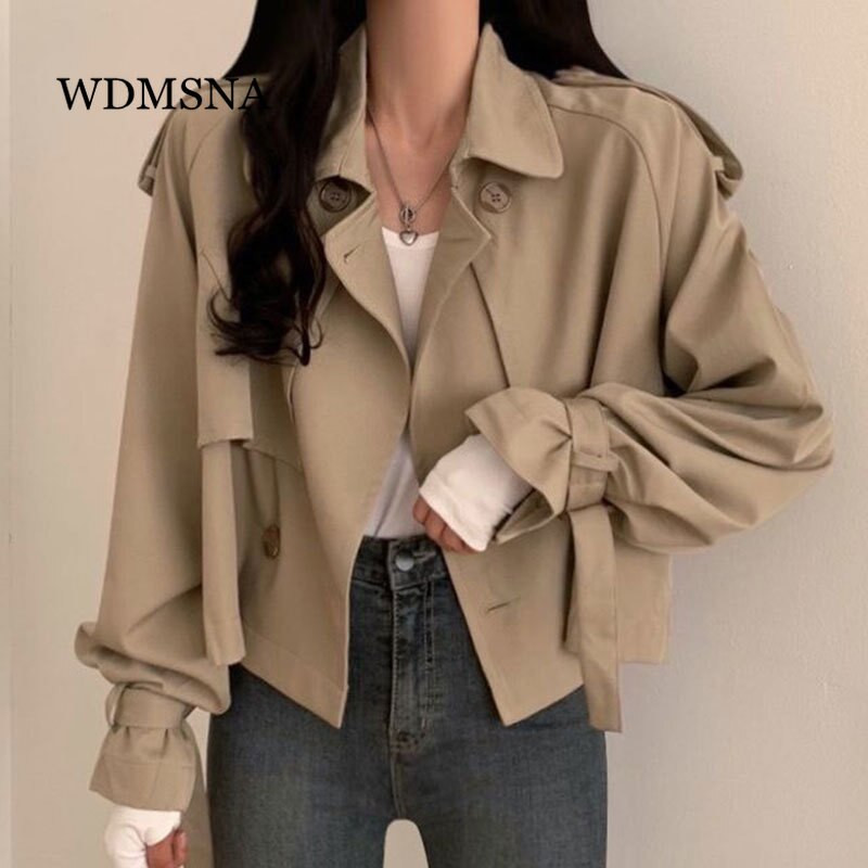 WDMSNA Ženska vjetrovka s retro temperamentnim odijelom i ovratnikom, široka ženska vjetrovka s dvostrukim kopčanjem, kratki trenč s manžetama