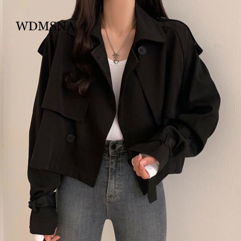 WDMSNA Ženska vjetrovka s retro temperamentnim odijelom i ovratnikom, široka ženska vjetrovka s dvostrukim kopčanjem, kratki trenč s manžetama