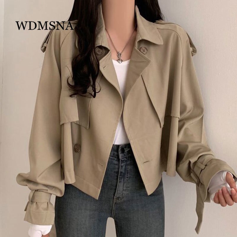 WDMSNA Ženska vjetrovka s retro temperamentnim odijelom i ovratnikom, široka ženska vjetrovka s dvostrukim kopčanjem, kratki trenč s manžetama