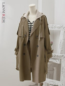 LANMREM Μεσαίου μήκους καμπαρντίνα με αποσπώμενη με κουκούλα ανεμοθραυστική ζώνη μόδας Γυναικεία φαρδιά casual streetwear ρούχα 2R7656