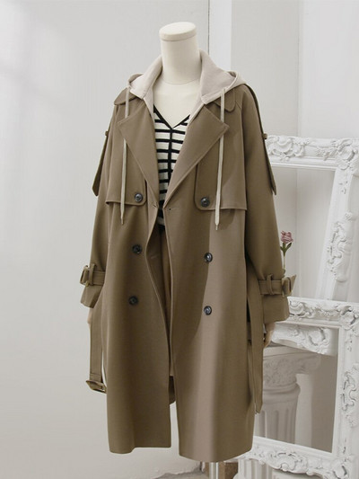 LANMREM Μεσαίου μήκους καμπαρντίνα με αποσπώμενη με κουκούλα ανεμοθραυστική ζώνη μόδας Γυναικεία φαρδιά casual streetwear ρούχα 2R7656