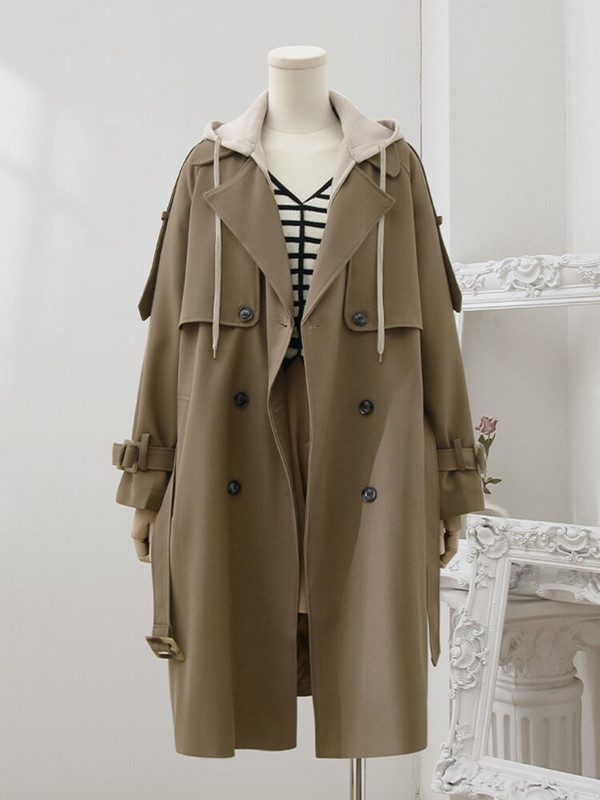 LANMREM Μεσαίου μήκους καμπαρντίνα με αποσπώμενη με κουκούλα ανεμοθραυστική ζώνη μόδας Γυναικεία φαρδιά casual streetwear ρούχα 2R7656