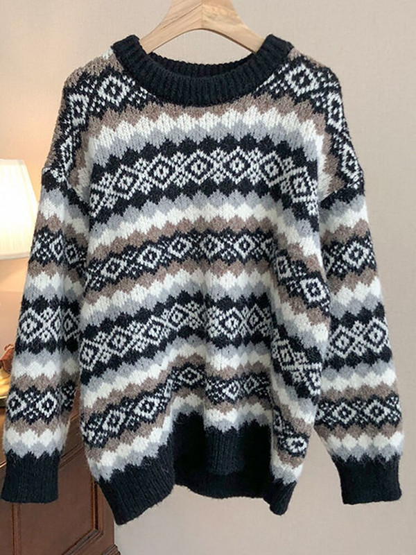 Vintage γυναικείο πουλόβερ Argyle πουλόβερ Γυναικεία στρογγυλή λαιμόκοψη μακρυμάνικο Top Γυναικεία casual χαλαρά πλεκτά Φθινοπωρινά, Χειμώνας Truien Dames