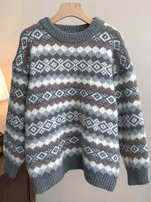 Vintage γυναικείο πουλόβερ Argyle πουλόβερ Γυναικεία στρογγυλή λαιμόκοψη μακρυμάνικο Top Γυναικεία casual χαλαρά πλεκτά Φθινοπωρινά, Χειμώνας Truien Dames
