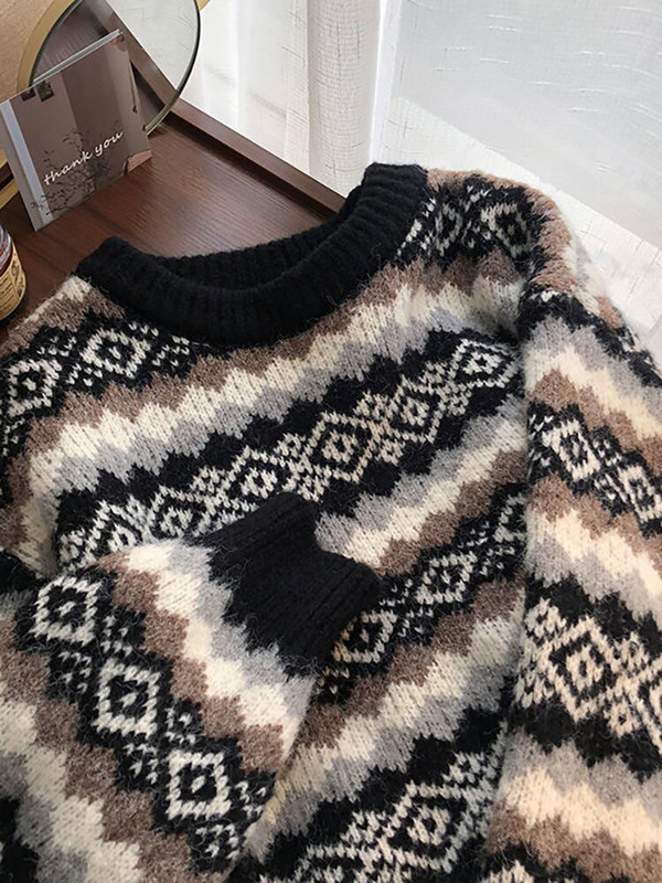 Vintage γυναικείο πουλόβερ Argyle πουλόβερ Γυναικεία στρογγυλή λαιμόκοψη μακρυμάνικο Top Γυναικεία casual χαλαρά πλεκτά Φθινοπωρινά, Χειμώνας Truien Dames