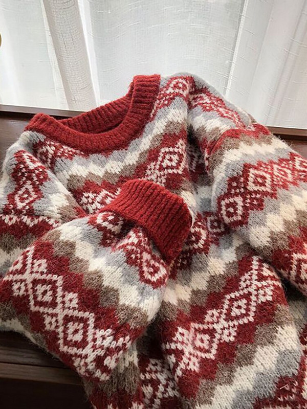 Vintage γυναικείο πουλόβερ Argyle πουλόβερ Γυναικεία στρογγυλή λαιμόκοψη μακρυμάνικο Top Γυναικεία casual χαλαρά πλεκτά Φθινοπωρινά, Χειμώνας Truien Dames