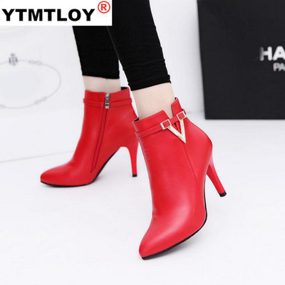 Augsti papēži 9 cm pavasara rudens stileti plāni augsti papēži ar smailiem purngaliem mākslīgās ādas rāvējslēdzēja stils, seksīgi karsti zābaki, potītes sieviešu zābaki