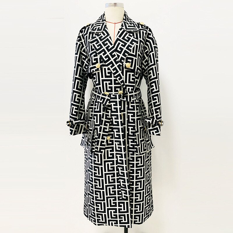 Sieviešu melns rūtains mētelis, 2022. gada rudens ziemas garais mētelis, jauns zelta pogas divrindu jostas ģeometriskā režģa vējjaka