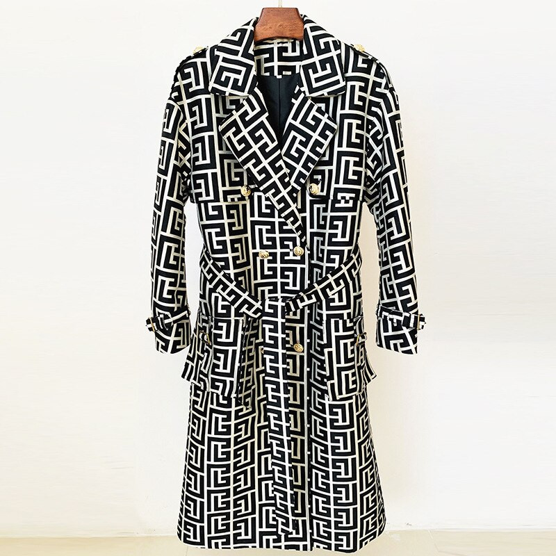 Sieviešu melns rūtains mētelis, 2022. gada rudens ziemas garais mētelis, jauns zelta pogas divrindu jostas ģeometriskā režģa vējjaka