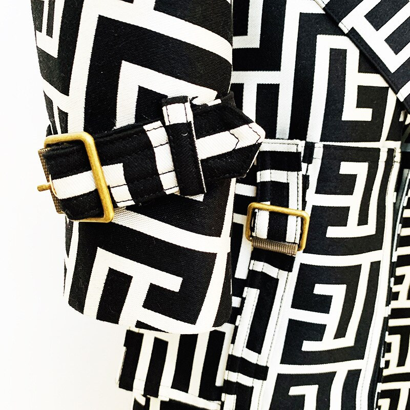 Sieviešu melns rūtains mētelis, 2022. gada rudens ziemas garais mētelis, jauns zelta pogas divrindu jostas ģeometriskā režģa vējjaka