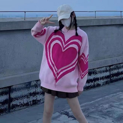 Ljubavni pulover Ženski ulični vintage jednostavni džemperi s okruglim izrezom Puloveri Modna široka ležerna pletena odjeća Ružičaste majice