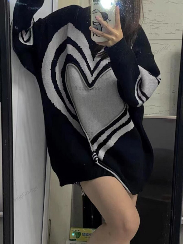 Ljubavni pulover Ženski ulični vintage jednostavni džemperi s okruglim izrezom Puloveri Modna široka ležerna pletena odjeća Ružičaste majice