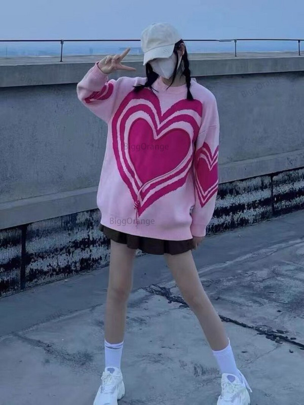 Ljubavni pulover Ženski ulični vintage jednostavni džemperi s okruglim izrezom Puloveri Modna široka ležerna pletena odjeća Ružičaste majice