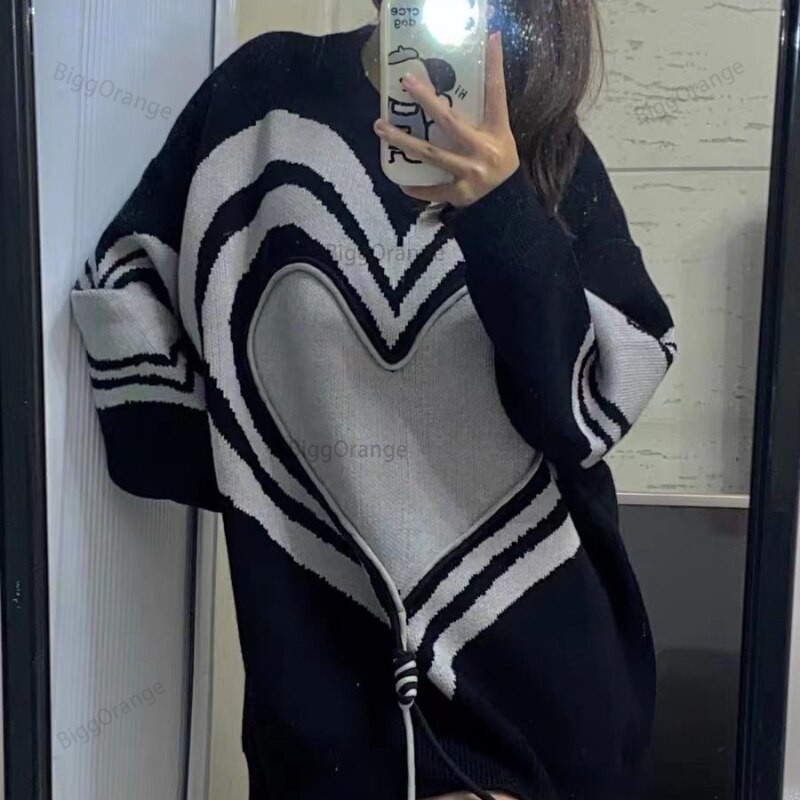 Ljubavni pulover Ženski ulični vintage jednostavni džemperi s okruglim izrezom Puloveri Modna široka ležerna pletena odjeća Ružičaste majice