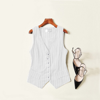 Sieviešu svītrains uzvalks, veste, jaka bez piedurknēm. Sieviešu korejiešu veste, topi Biznesa biroja dāmu darba apģērbi, modes virsdrēbes