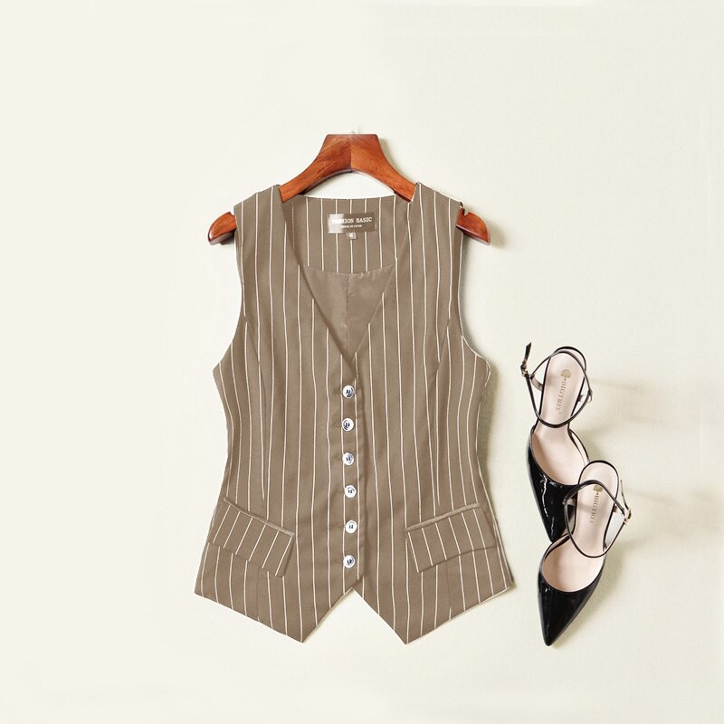 Sieviešu svītrains uzvalks, veste, jaka bez piedurknēm. Sieviešu korejiešu veste, topi Biznesa biroja dāmu darba apģērbi, modes virsdrēbes