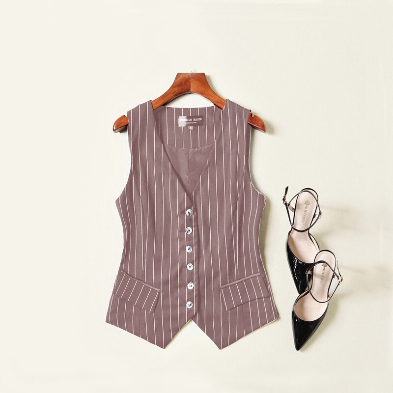 Sieviešu svītrains uzvalks, veste, jaka bez piedurknēm. Sieviešu korejiešu veste, topi Biznesa biroja dāmu darba apģērbi, modes virsdrēbes