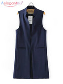 Aelegantmis statīva apkakle Modes melna žakete sieviešu garā veste OL Elegants jaciņš bez piedurknēm Sieviešu mētelis mugurā, šķēlums