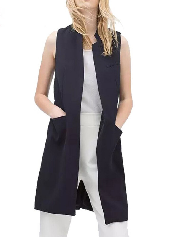 Aelegantmis statīva apkakle Modes melna žakete sieviešu garā veste OL Elegants jaciņš bez piedurknēm Sieviešu mētelis mugurā, šķēlums