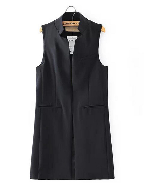 Aelegantmis statīva apkakle Modes melna žakete sieviešu garā veste OL Elegants jaciņš bez piedurknēm Sieviešu mētelis mugurā, šķēlums